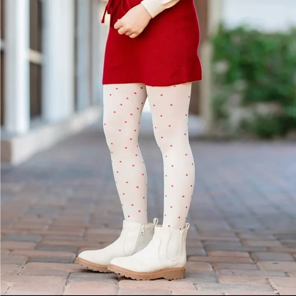 Little Stocking Co. sparkle dot nylon tights in vanilla and crimson dot 1-2 yrs - Picture 4 of 4